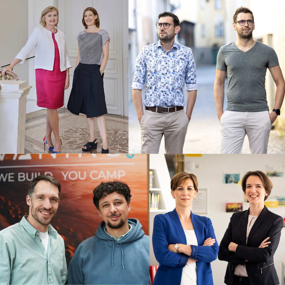 zu sehen: 4 Geschäftsführungs-Duos im Co-Leadership Bildnachweise: Anne Schlack und Aurélie Tournan: Elisabeth Mandl; Matthias und Thomas Wagner: Theo Kust; Aaron Rauh und Dennis Sawadsky: Florian Kellner; Daniela Schallert und Manuela Vollmann: Caro Strasnik